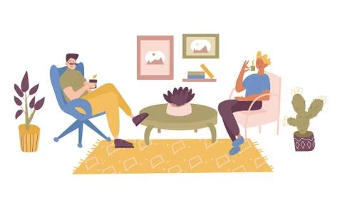 Two friends, students, workers or colleagues sitting in the comfortable chair Stock Illustration