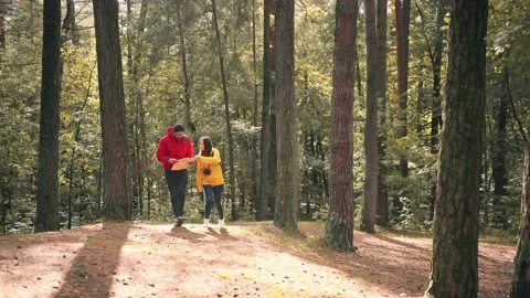 Two friends of tourists walk on forest paths talking and exploring beauty of Stock Footage 147066580