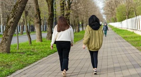 Two friends walking side by side on a scenic path lined with trees during a.. Stock Photos