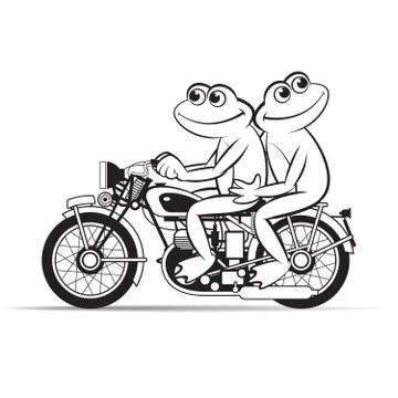 Two frog riding motorcycle in black Stock Illustration