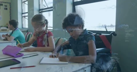 Two front pupils writing notes doing assignment camera rolling showing overlay Stock Footage 330540351