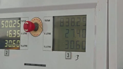 Two Fuel Pump Screens Separated by Red Stop Knob Stock-Footage 343731352