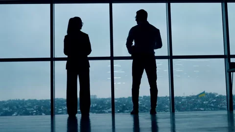 Two full-length silhouettes standing at the window.  Stock Footage 259437956