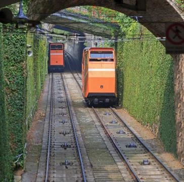 Two funiculars moving on the railroad Foto stock