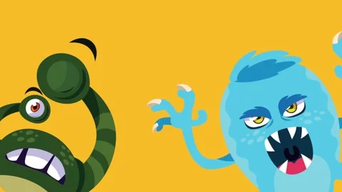 Two funny cartoon monsters animated characters interacting on yellow backgr.. Stock Footage 339211600