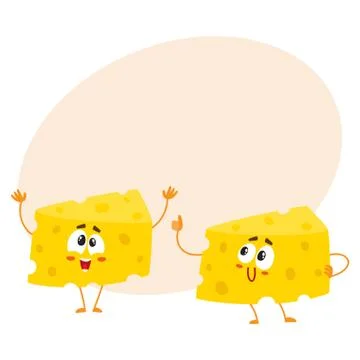 Two funny cheese chunk characters, showing thumb up and greeting Stock Illustration