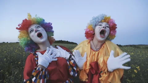Two funny clowns in colored suits have fun in the field. Stock-Footage 92182042