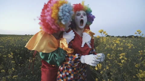 Two funny clowns in colored suits have fun in the field. Stock-Footage 92194308