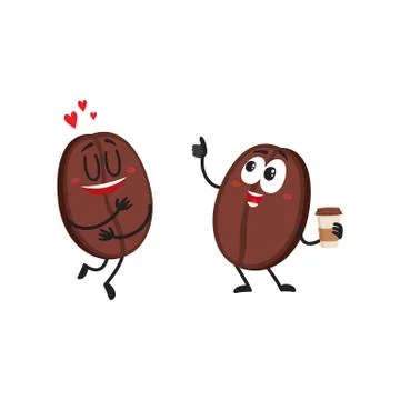 Two funny coffee bean characters, showing love, giving thumb up Ilustração Stock