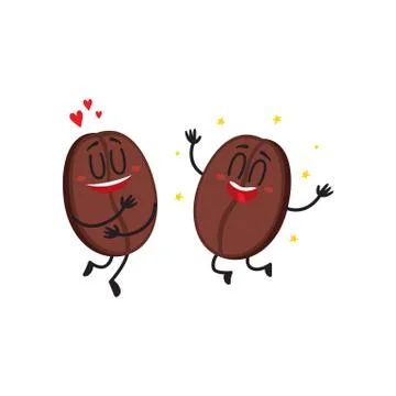 Two funny coffee bean characters, showing love, awed and delighted Stock Illustration