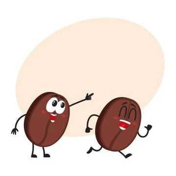 Two funny coffee bean characters, pointing, showing direction and running Stock Illustration
