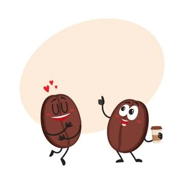 Two funny coffee bean characters, showing love, giving thumb up Ilustração Stock