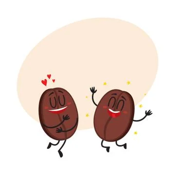 Two funny coffee bean characters, showing love, awed and delighted Stock Illustration