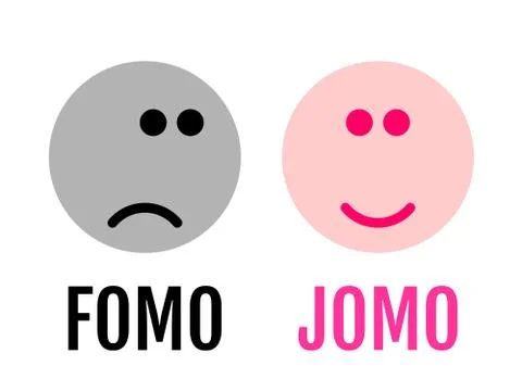 Two funny emojis showing the difference between FOMO and JOMO. JOMO means Joy Stock Illustration