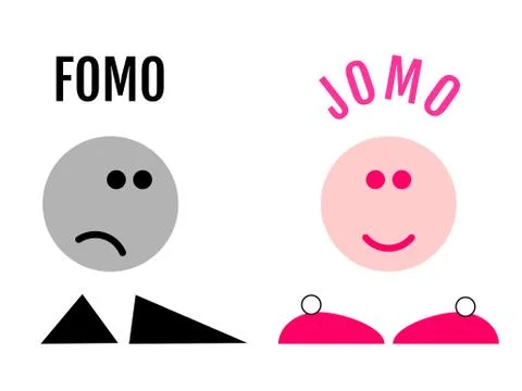 Two funny emojis showing the difference between FOMO and JOMO. JOMO means Joy Stock Illustration