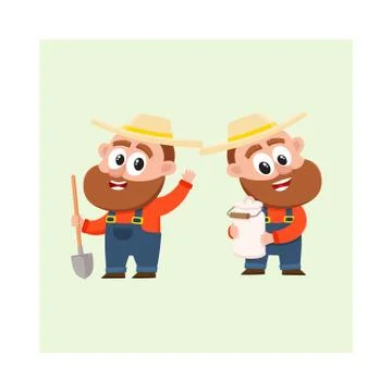 Two funny farmer characters in overalls, holding shovel, milk can Stock Illustration