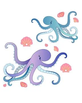 Two funny octopus surrounded by pink shells - vector full color picture. Stock Illustration