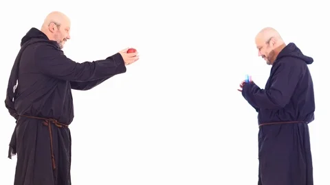 Two funny old times men with opposite opinions to pharmaceutics white screen Stock Footage 105289968
