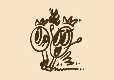 Two funny oval characters running together in a hurry with wide open eyes i.. Illustrazione stock