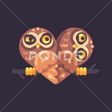 Two funny owls on a branch in the shape of a heart. Valentine's Day flat illu Stock Illustration