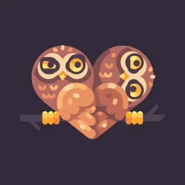 Two funny owls on a branch in the shape of a heart. Valentine's Day flat illu Stock Illustration