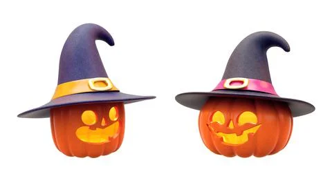 Two funny pumpkins with hats isolated objects on white background for Hallowe Stock Illustration