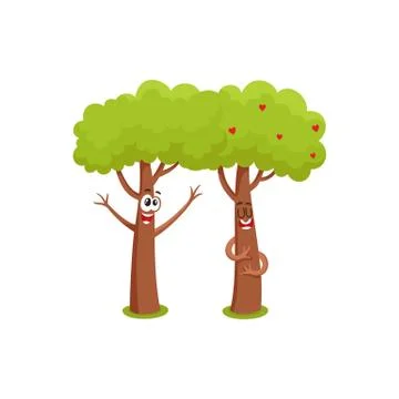 Two funny tree characters, hugging, showing love and flirting Stock Illustration