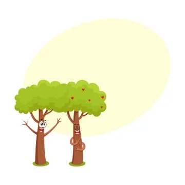 Two funny tree characters, hugging, showing love and flirting Stock Illustration
