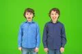 The two funny twin kids grimace on the green background Photo