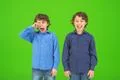 The two funny twin kids stand on the green background Photo