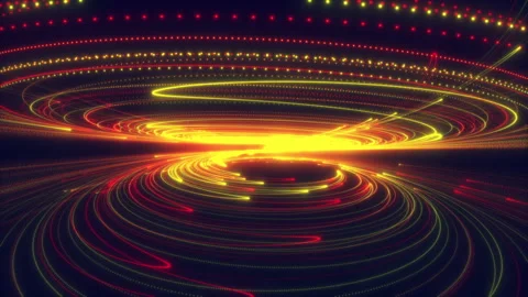 Two fused multi-colored disks formed by tracks of particles flying apart wit Stock Footage 253220052