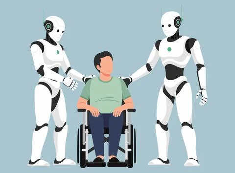 Two futuristic humanoid robots assisting a man in a wheelchair, symbolizing.. Stockillustratie