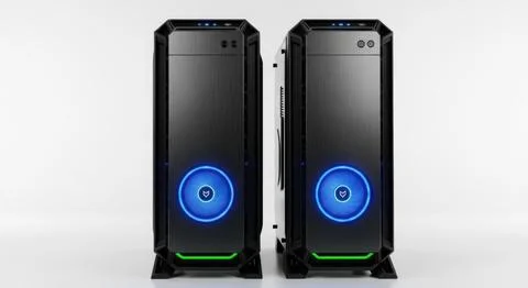 Two gaming computer towers with glowing blue and green led lights side by sid Stock Illustration