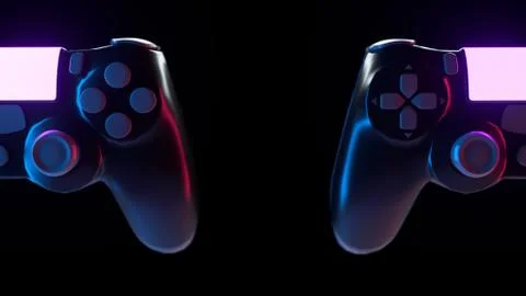 Two gaming controllers on black background. Console gamepad 3d render. Stock Illustration