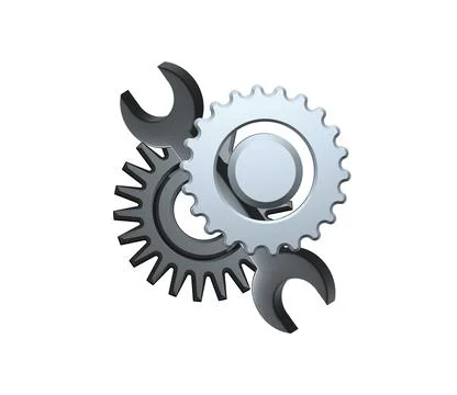 Two gears and key 3d illustration isolated on white background. Technical Stock Illustration