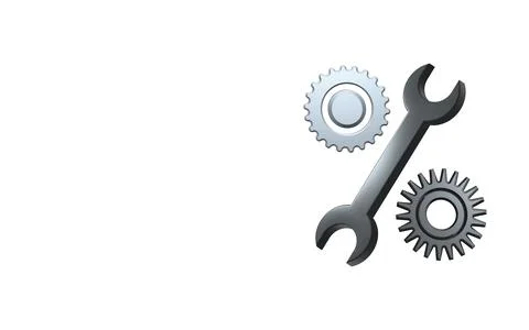 Two gears and key 3d illustration isolated on white background. Technical Stock Illustration