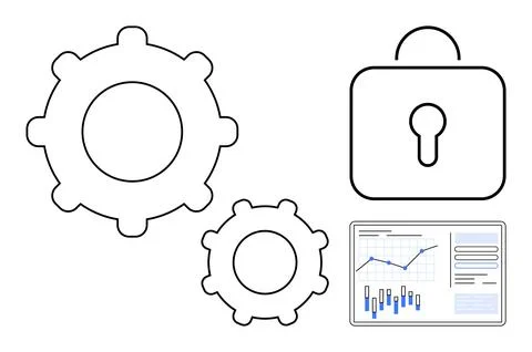 Two gears, a padlock, and a data chart with graphs and statistics. Ideal for  Stock Illustration