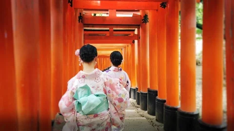 Two geishas walking through the vermillion torii gates Stock Footage 112883949