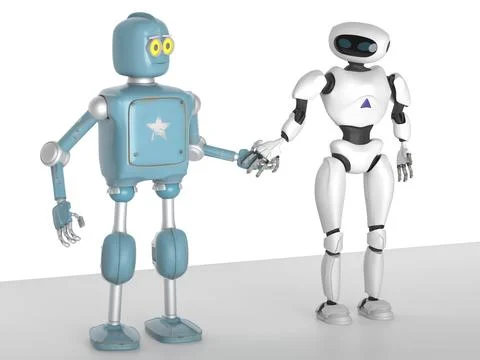 Two generations of robots holding hands with an on-white background Stock Photos