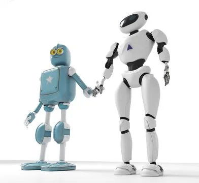 Two generations of robots holding hands with an on-white background Stock Photos
