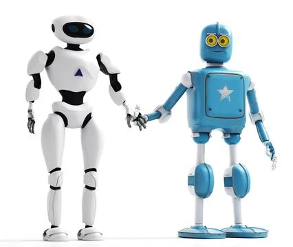 Two generations of robots holding hands with an on-white background Stock Photos