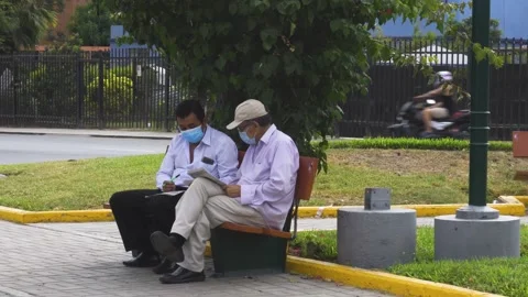 Two gentlemen sitting on a park bench solving and writing in a newspaper 库存影片 150290953