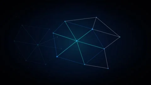 Two geometric wireframe cubes connected by glowing blue and teal lines on a.. 動画素材 335826365