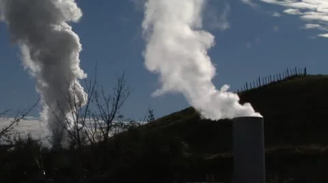 Two Geothermal Steam Plumes Stock Footage 11412316