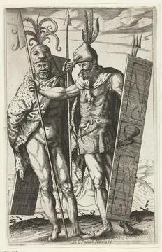 Two Germanic warriors, figura vi. Two standing warmen with spears, shields... Stock Photos