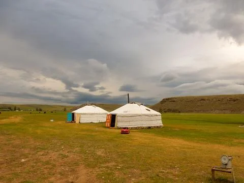 Two gers on the steppe in Mongolia Foto stock