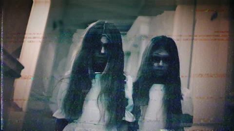 Two ghostly twins looking at camera, zombie children, creepy horror scene Video stock 155454177