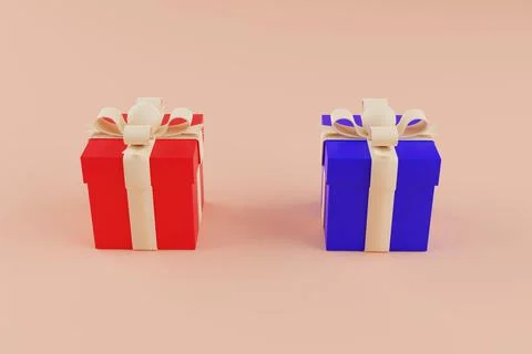 Two gift boxes - blue and red. Gift for man and woman concept. 3D render. Stock Illustration
