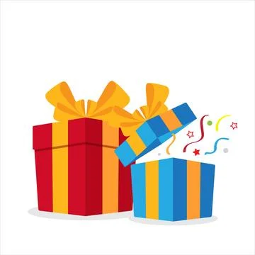 Two gift boxes with confetti. red and blue boxes. Present package, surprise.. Stock-Illustration