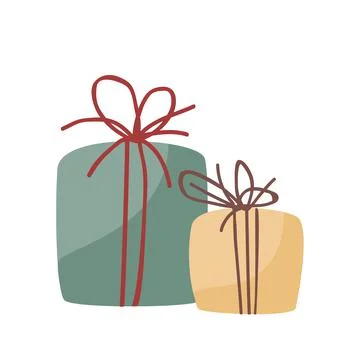 Two gift boxes decorated with craft rope. Red and yellow color. Hand drawn Stock Illustration